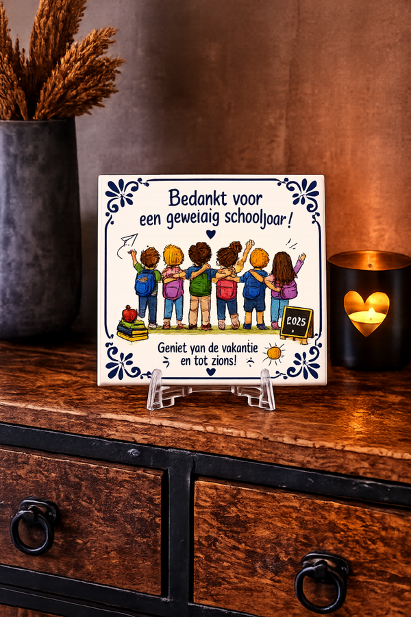 Sublimatie tegeltje: Bedankt voor het schooljaar Delfts Blauw