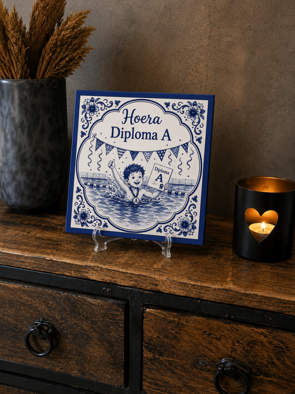 Sublimatie tegeltje: Hoera Diploma A Delfts Blauw