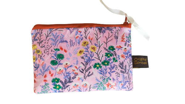 Zippered pouch - pink floral lined in spotted blue!