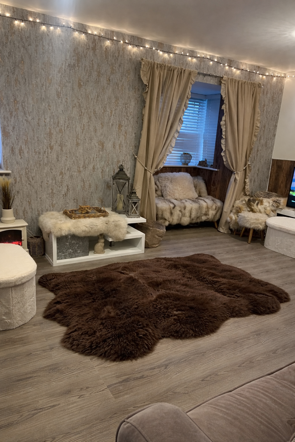 Brown coloured genuine sheepskin fur rug