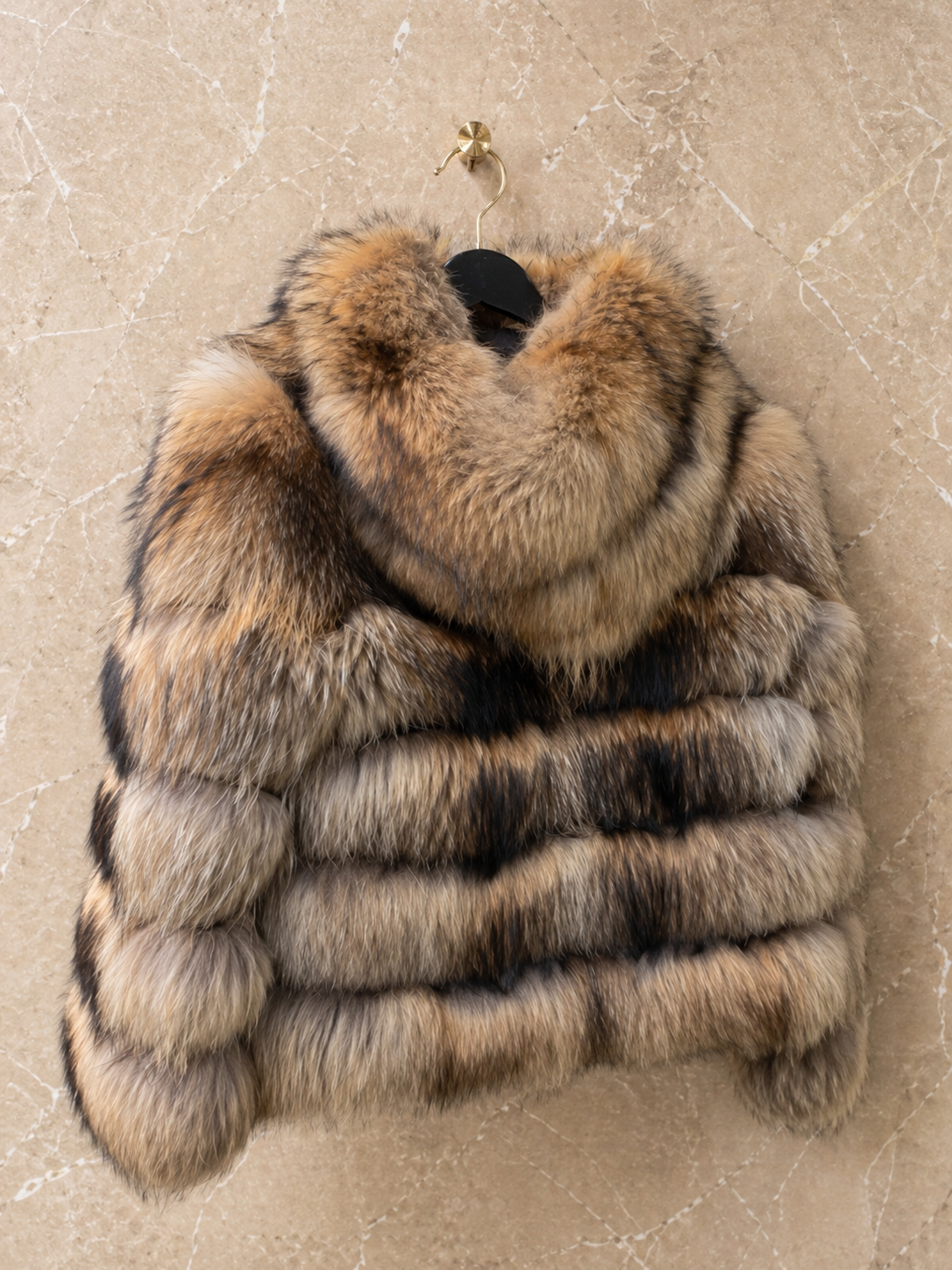 PRE-OWNED. Natural raccoon fur hooded coat