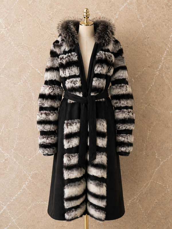 PRE-OWNED Rex Rabbit coat with fox fur trim hood. Chinchilla inspired