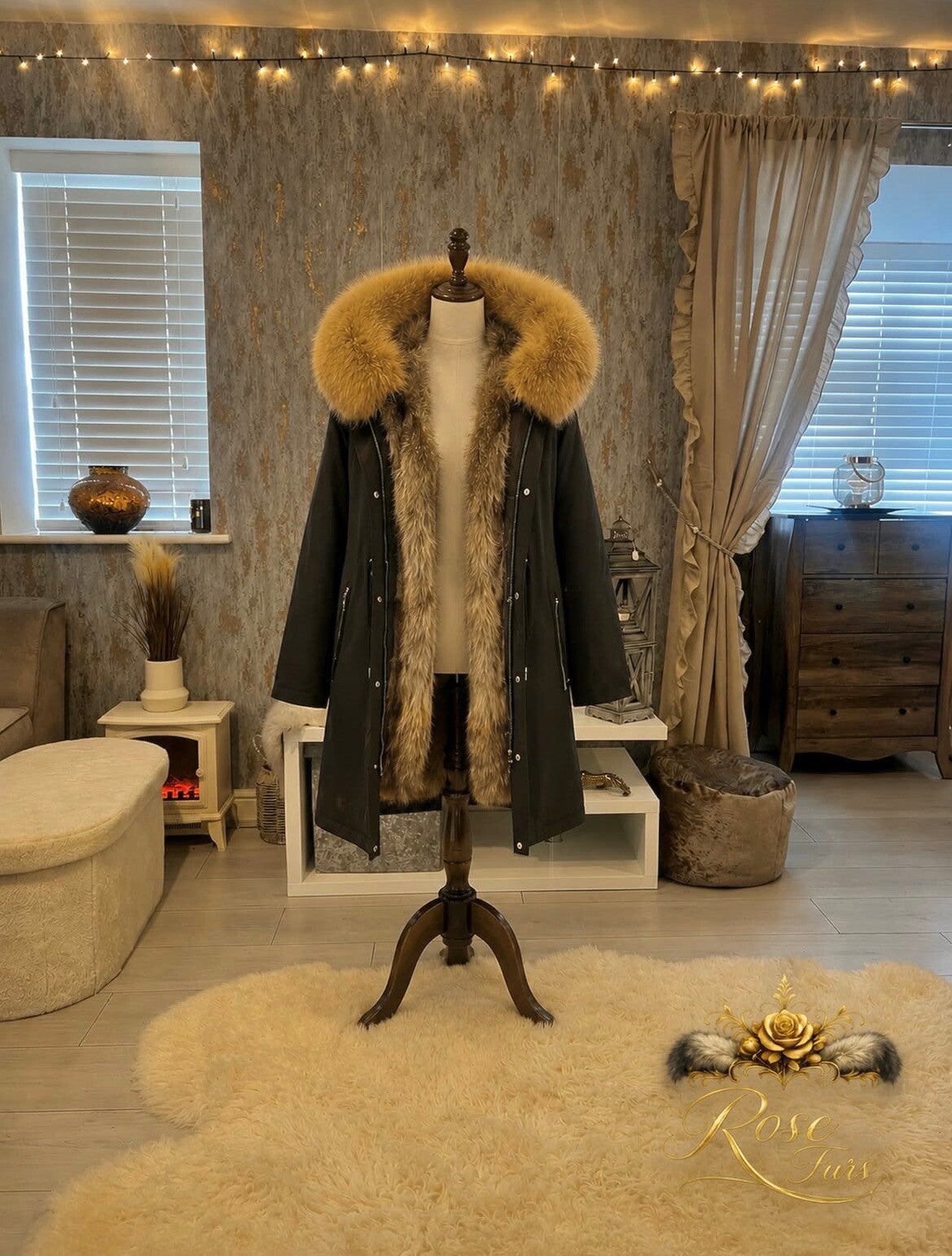 Mens Fox Fur Lined Parka. Natural Raccoon Fur Hood