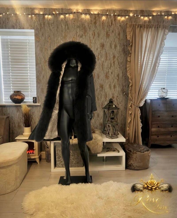 Mens Raccoon Fur Trim Parka. Natural Rabbit Fur Lining