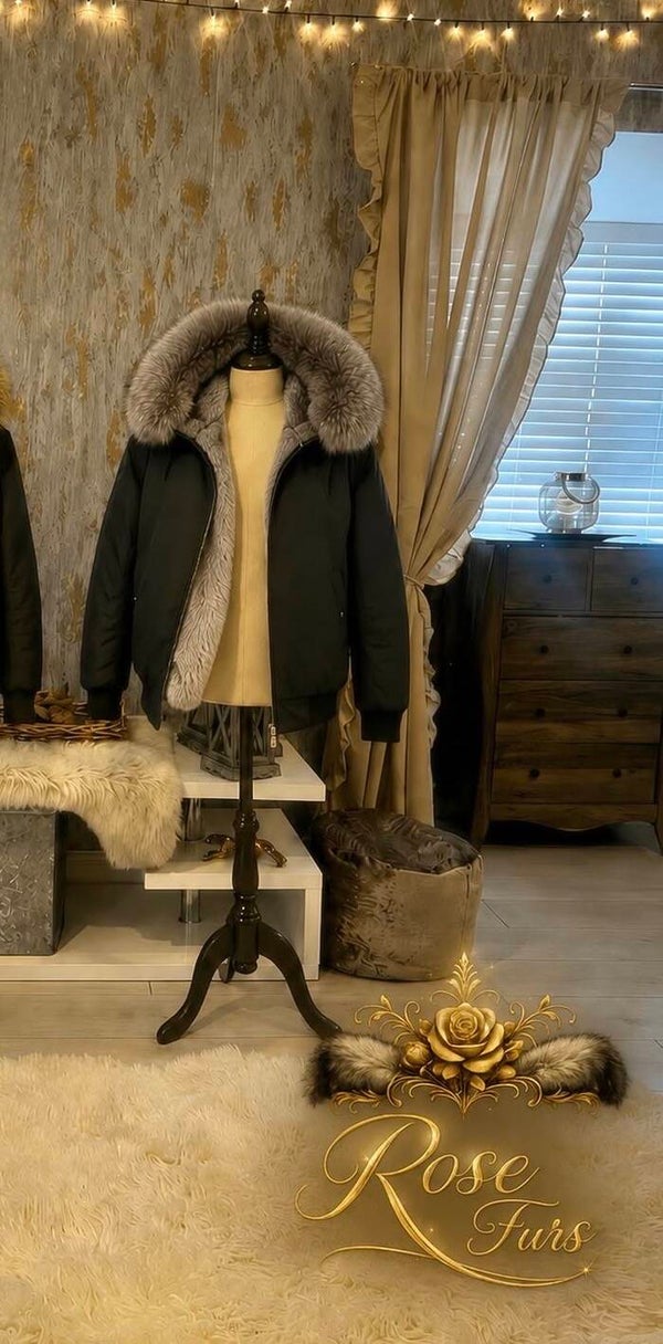 Mens Rabbit Fur Lined Jacket with Fox Fur Hood