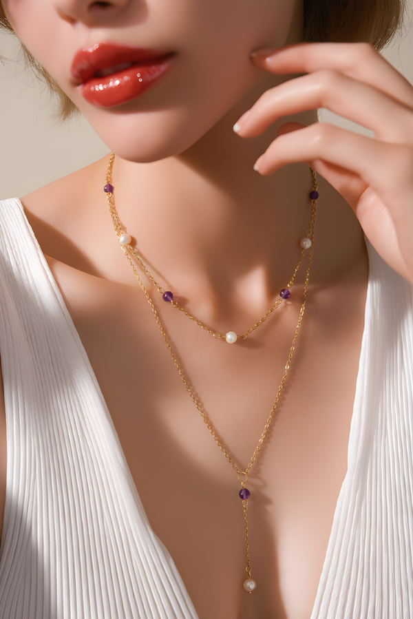 Collier double rangs, + pendant, perles naturelles