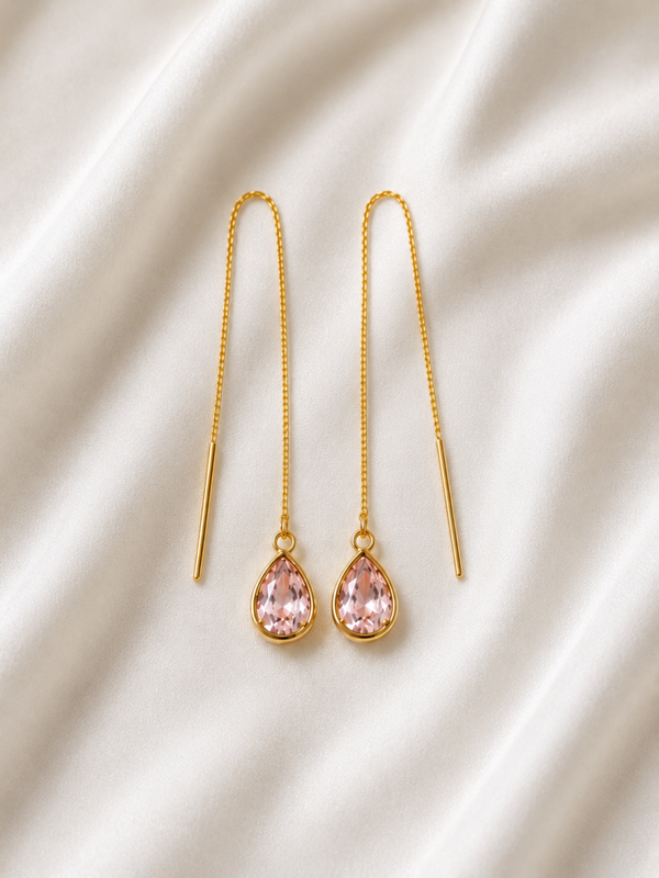 Boucles d'oreilles fil traversant – Acier inoxydable doré – Gouttes rose poudré