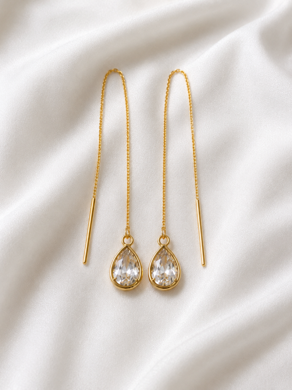 Boucles d'oreilles fil traversant – Acier inoxydable doré – Gouttes cristal transparent