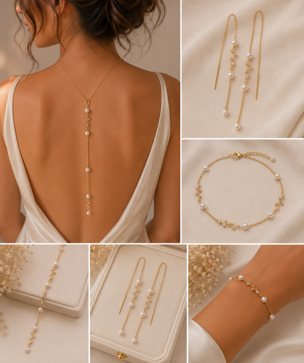 Parure de mariage – Collier de dos, bracelet & boucles d'oreilles – Perles d'eau douce – Fait main