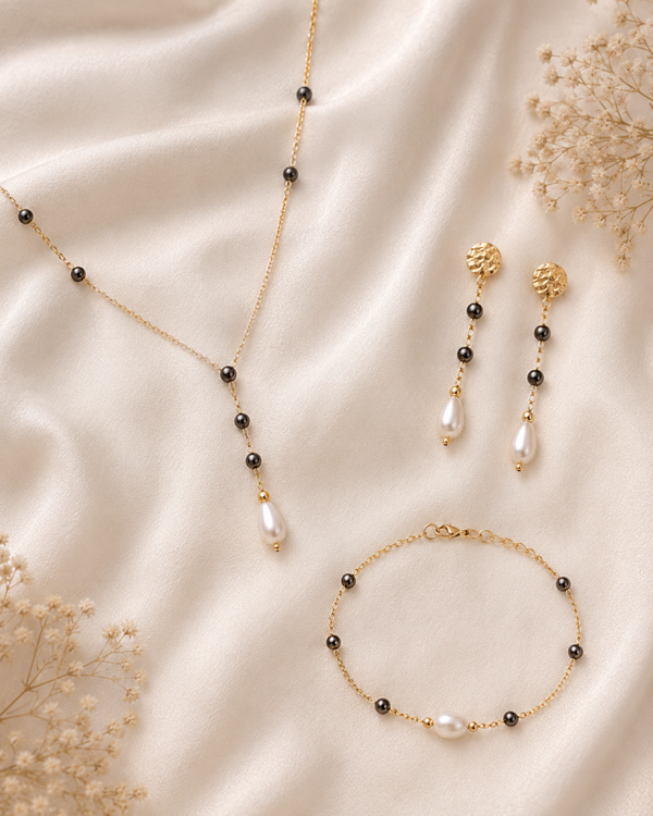 Parure élégante – Collier Y, bracelet & boucles d'oreilles – Perles d'eau douce