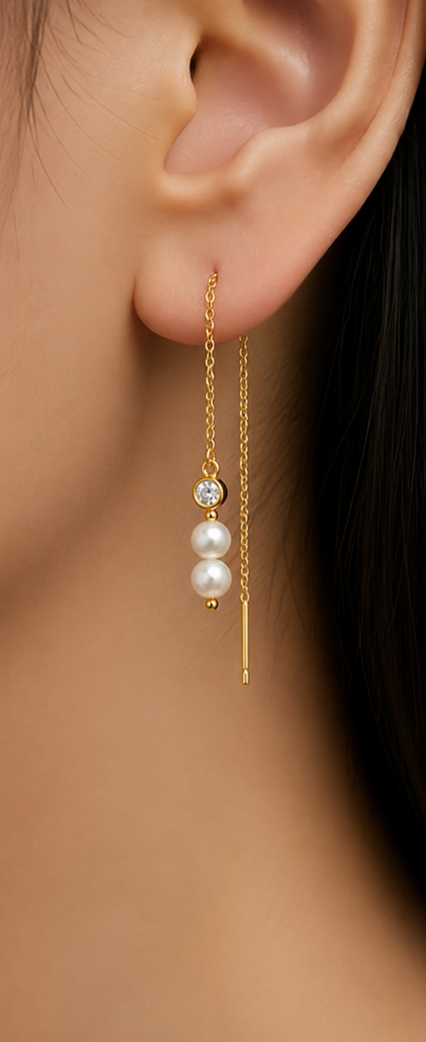 Boucles d'oreilles pendantes – Acier inoxydable doré – Perles d'eau douce – Zircon