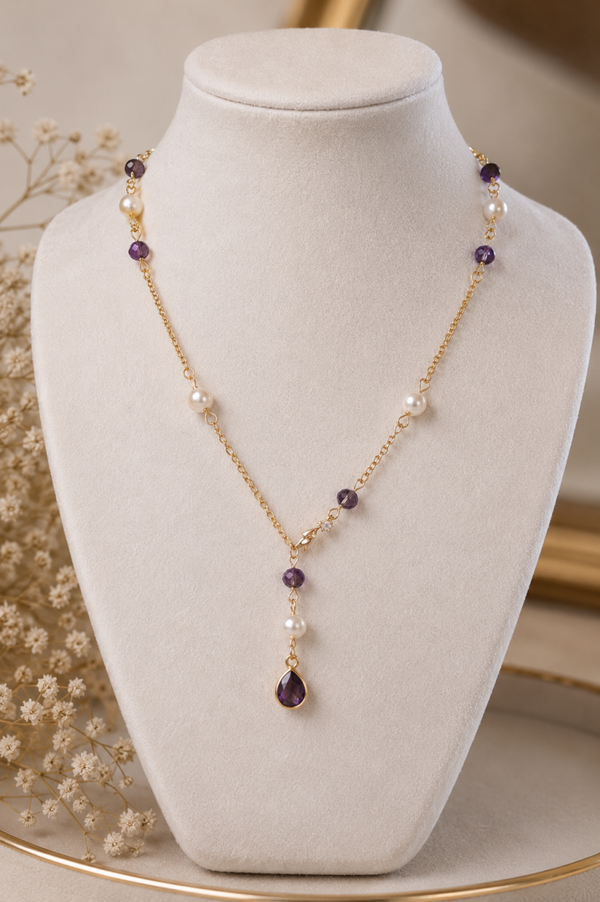 Collier Y , perles d'eau douce & cristal violet