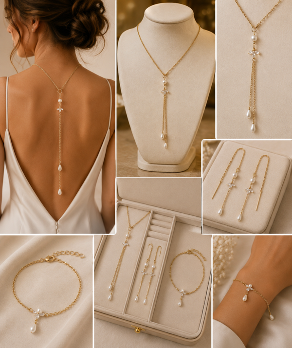 Parure mariage en perles d'eau douce – Collier de dos, bracelet & boucles d'oreilles