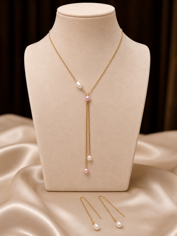 Parure artisanale – Collier Y & boucles d'oreilles fil traversant – Acier inoxydable doré – Nacre rose & perles d'eau douce
