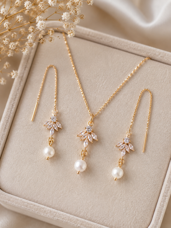 Ensemble collier & boucles d'oreilles perles d'eau douce – Zircons – Fait main