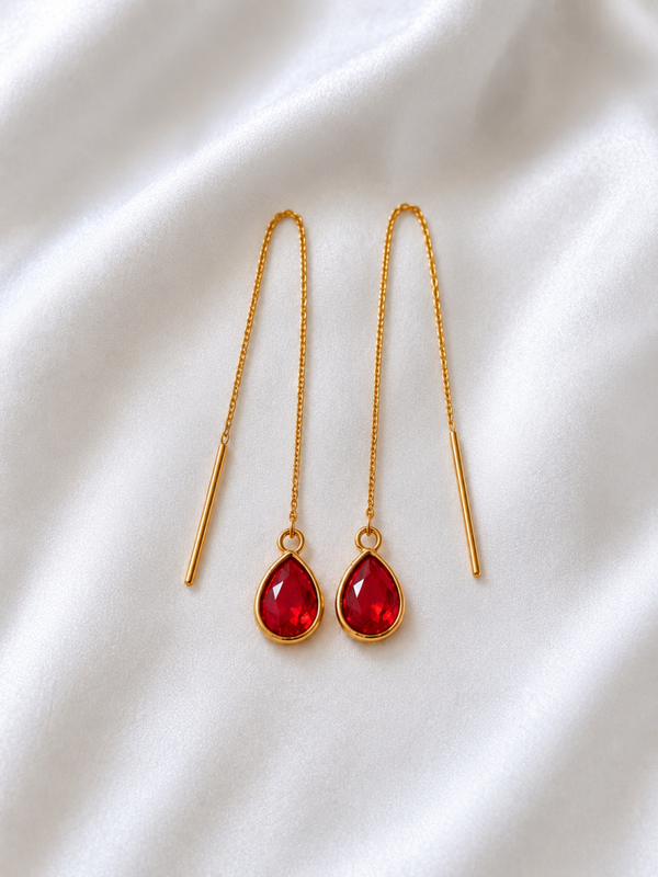Boucles d'oreilles fil traversant – Acier inoxydable doré – Gouttes rouge rubis