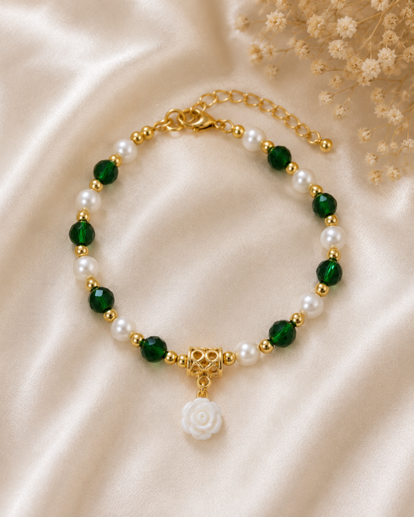 Bracelet de cheville artisanal – Perles d'eau douce & cristaux vert – Acier inoxydable doré