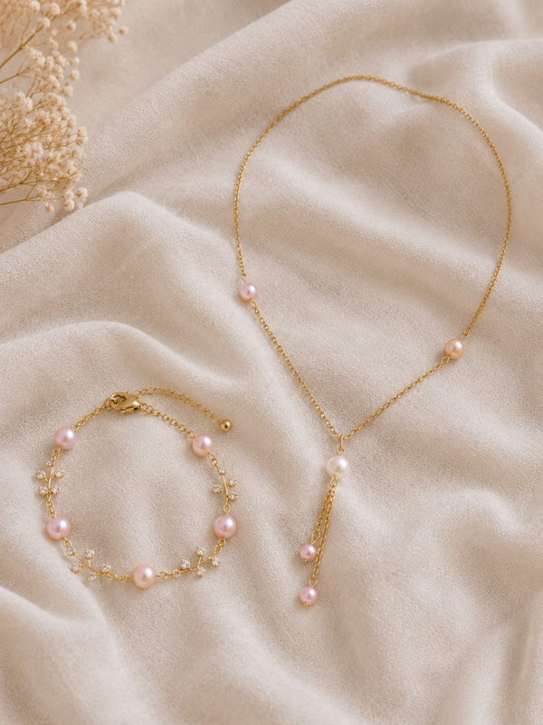 Parure  – Collier Y & bracelet – Perles nacre rose, perle d'eau douce et zircons – Mariage