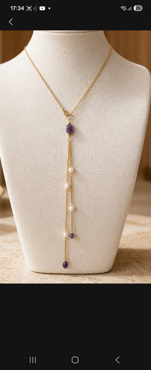 Collier de dos mariage perles d’eau douce/ améthyste,