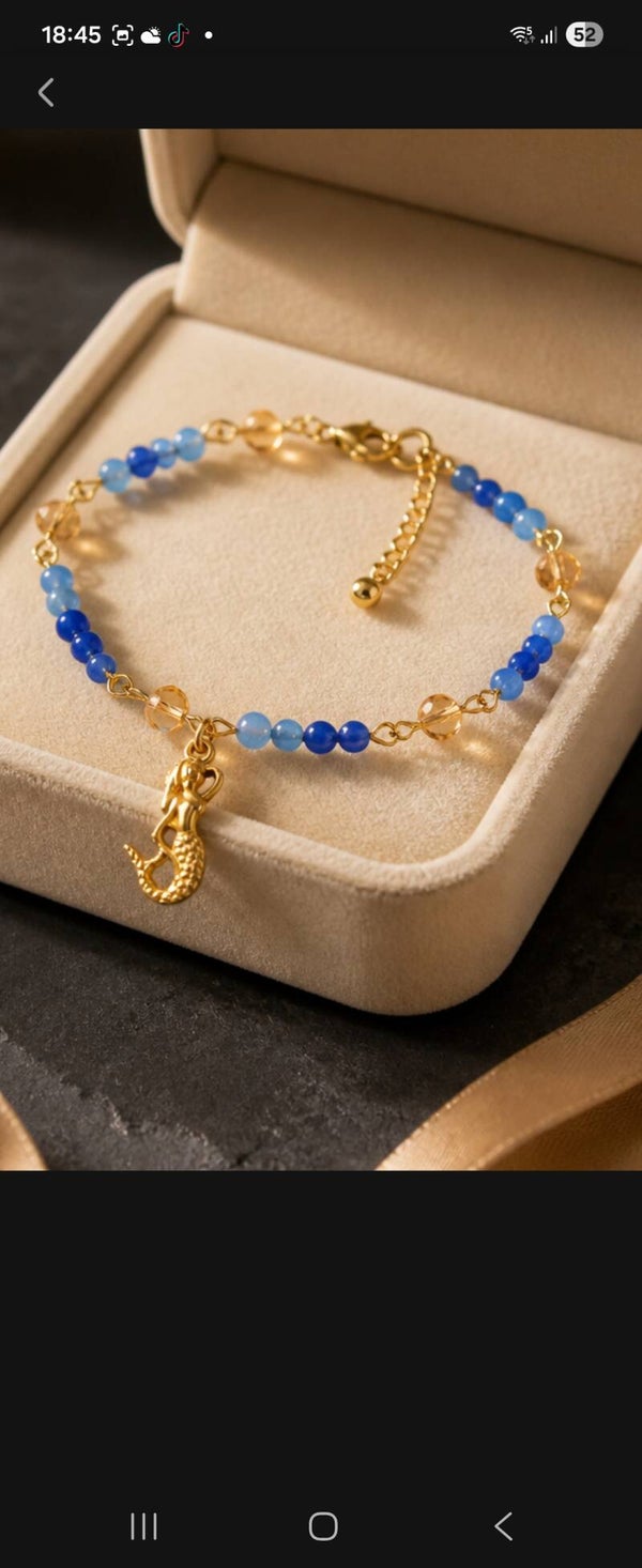Bracelet de cheville artisanal en perles à facettes et verre tchèque & apatite bleue
