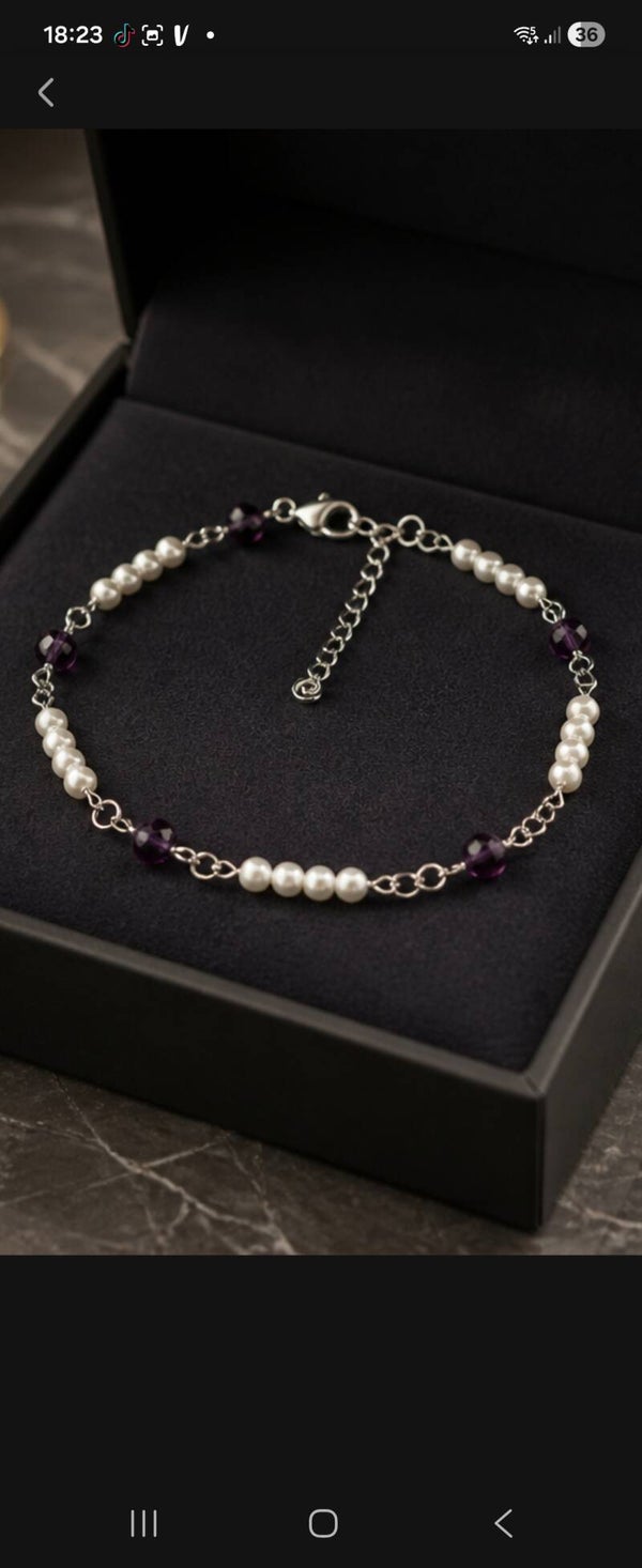 Bracelet de cheville artisanal en perles à facettes et verre tchèque & perles argentées 🌸