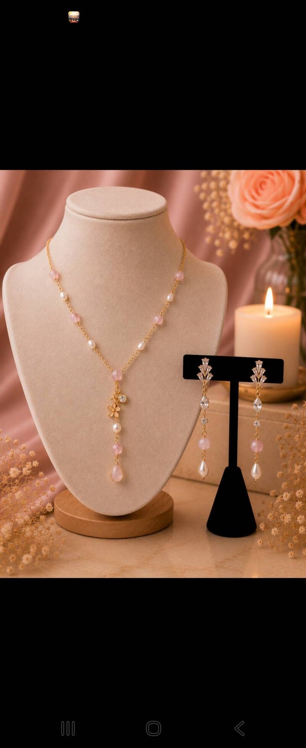 – Collier Y & boucles d'oreilles – Quartz rose, perles d'eau douce & zircons
