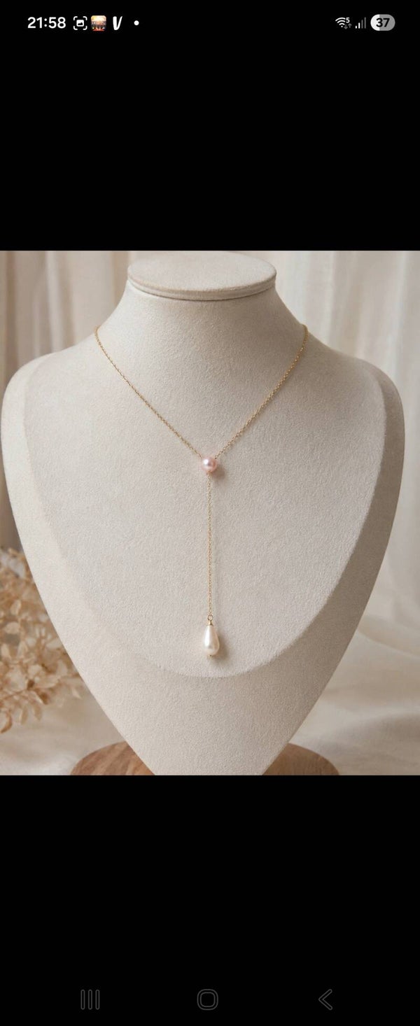 Collier Y doré – Perle nacre rose & perle d'eau douce – Bijou mariage – Création artisanale