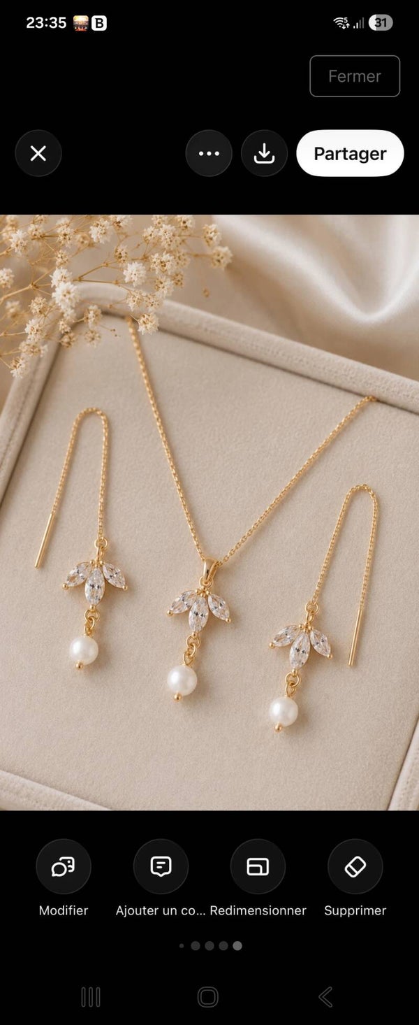 Parure – Collier & boucles d'oreilles – Perles d'eau douce et zircons – Mariage