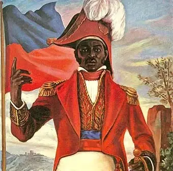 Portrait peint de Jean-Jacques Dessalines en uniforme rouge, tenant un drapeau. Illustration transmise à Lèt ak sitwon.