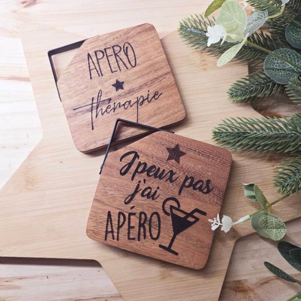 Lot de 2 sous-verres gravés en bois et métal – Humour & Apéro 🍹