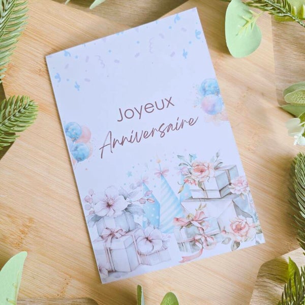 Carte d’anniversaire – Cadeaux & fleurs pastel