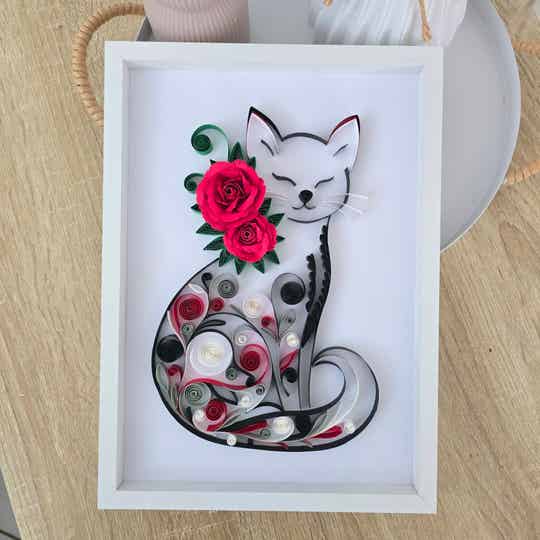 Cadre "Chat Fleuri" en Quilling – Format A4