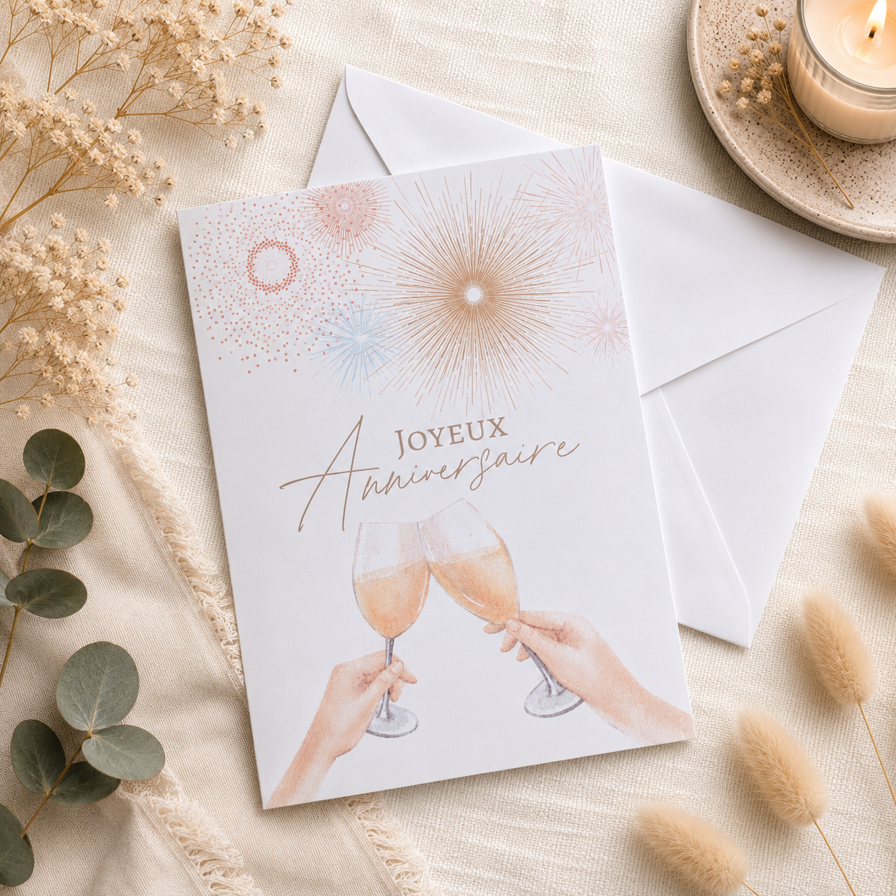 Carte d’anniversaire – Feux d’artifice & Coupes de champagne