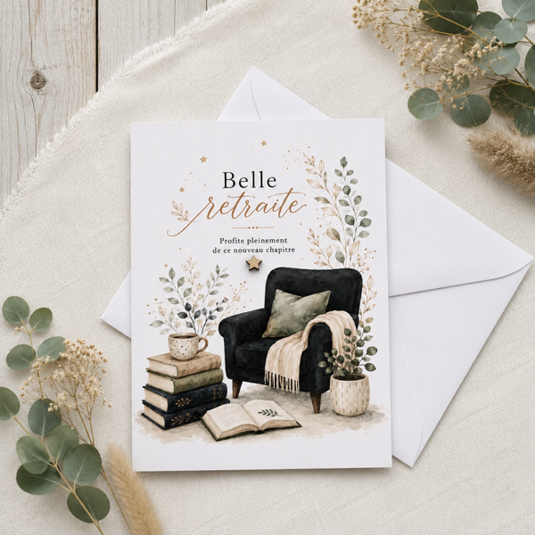 Carte de retraite – Fauteuil et livres