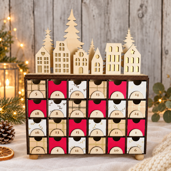 Calendrier de l’Avent en bois – Village de Noël rouge, crème et doré