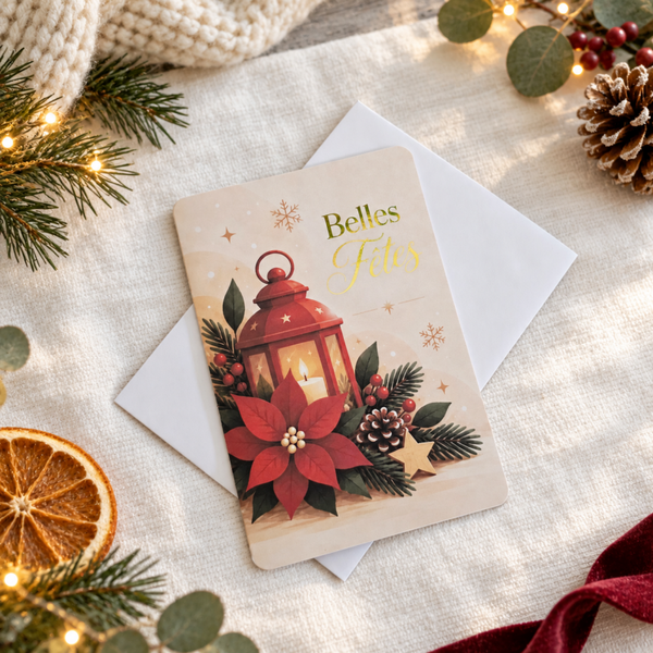 Carte de Noël « Belles Fêtes » – Collection Hiver Cocooning