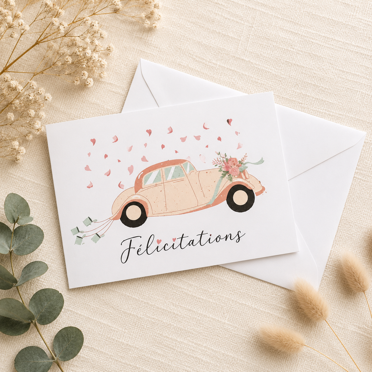 Carte de félicitations mariage – Voiture fleurie