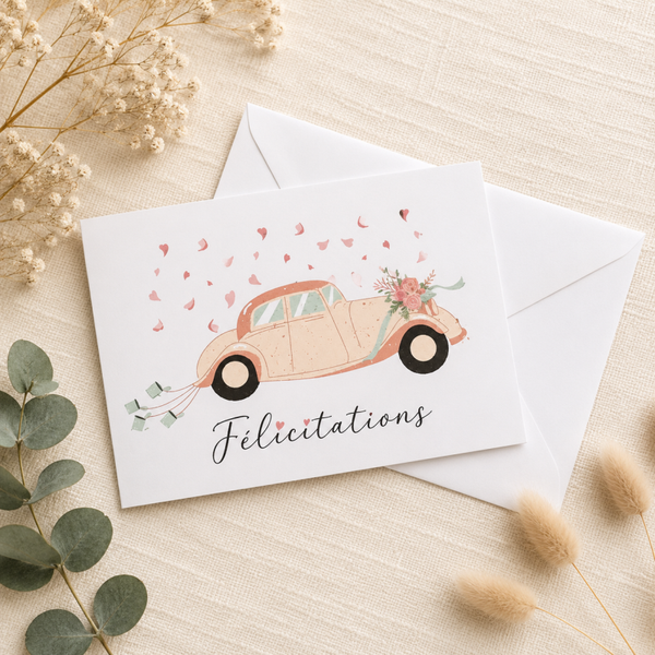 Carte de félicitations mariage – Voiture fleurie