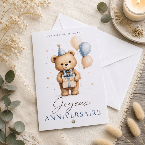Carte d’anniversaire – Petit ours et ballons