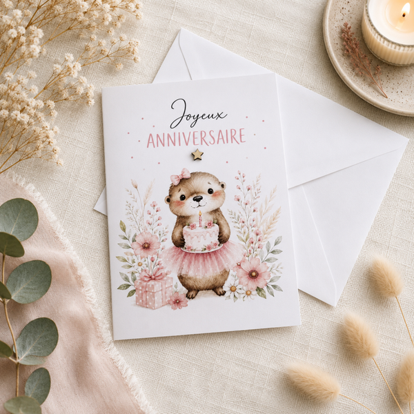 Carte d’anniversaire – Petite loutre rose