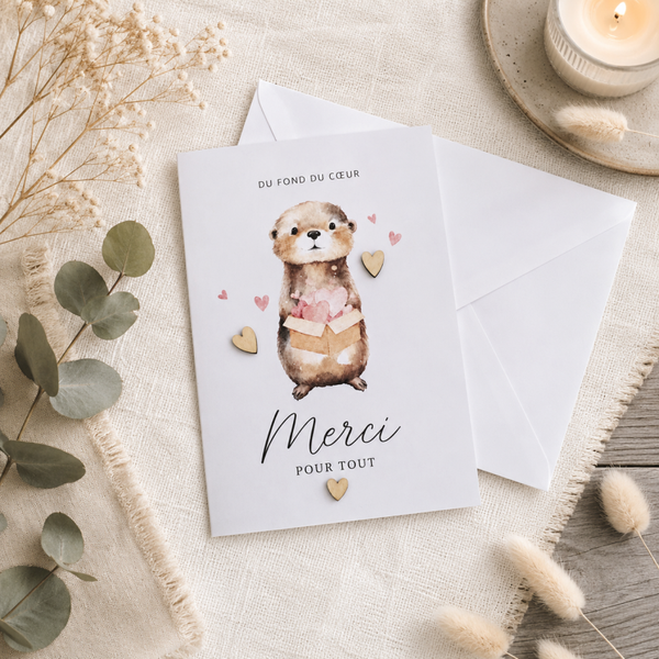 Carte de remerciement – Petite loutre et cœurs