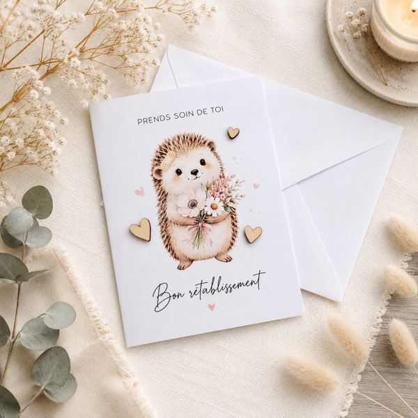 Carte de bon rétablissement – Petit hérisson fleuri
