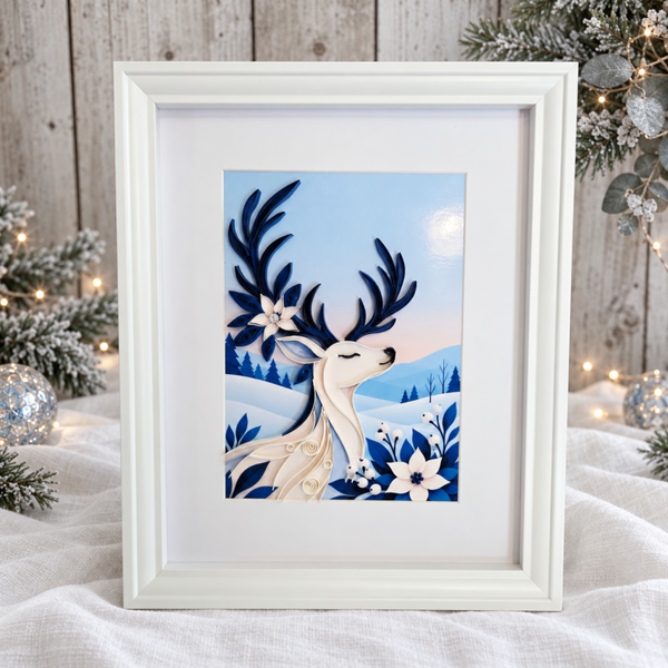 Cadre décoratif – Renne d’hiver givré en quilling