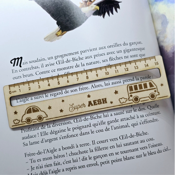 Règle de lecture en bois 15 cm - Véhicules et étoiles