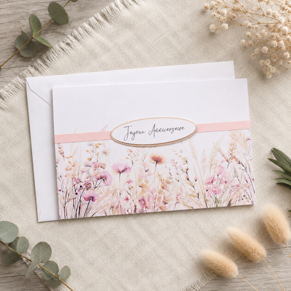Carte "Joyeux Anniversaire" – Élégance florale et douceur champêtre