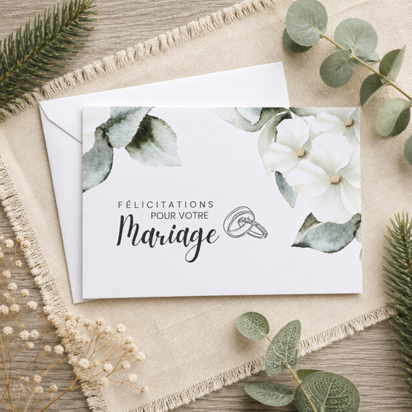 Carte de mariage – Fleurs blanches et alliances