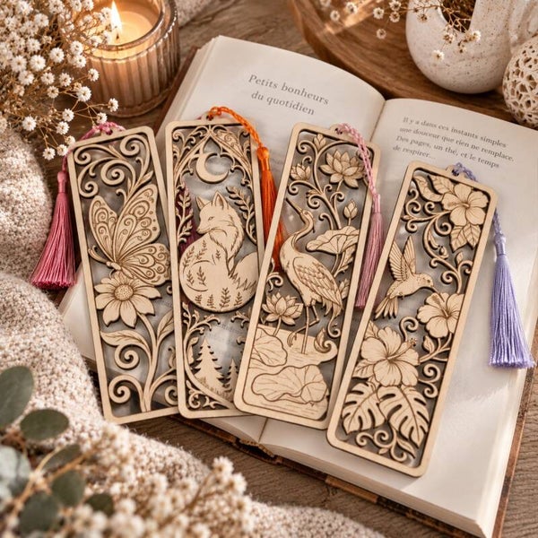 Grand marque-page en bois gravé  – Motif au choix