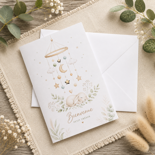 Carte de naissance – Petit lapin et mobile