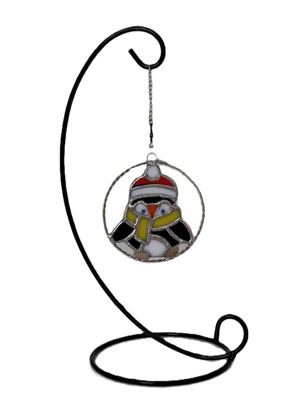 Tiffany Glazen Kerstbal Pinguïn  – Handgemaakte Kerstversiering op Standaard