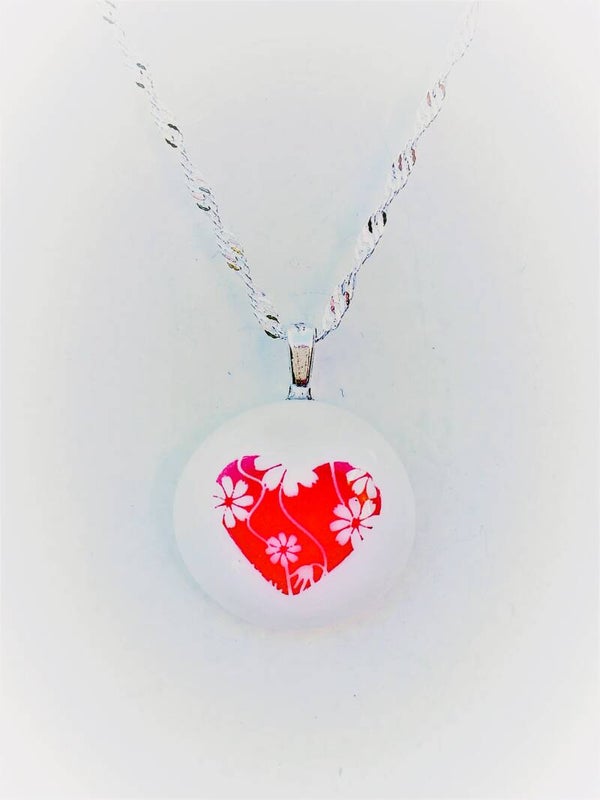 Handgemaakt-Glashanger-Ketting-Glas fusing-Wit-Rood-Hart